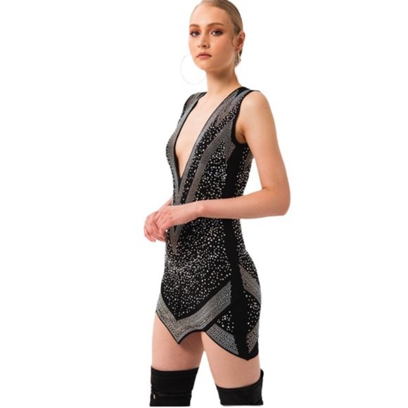 NWT KIKIRIKI Embellished Asymmetrical Mini Dress In Black Small - Picture 1 of 8